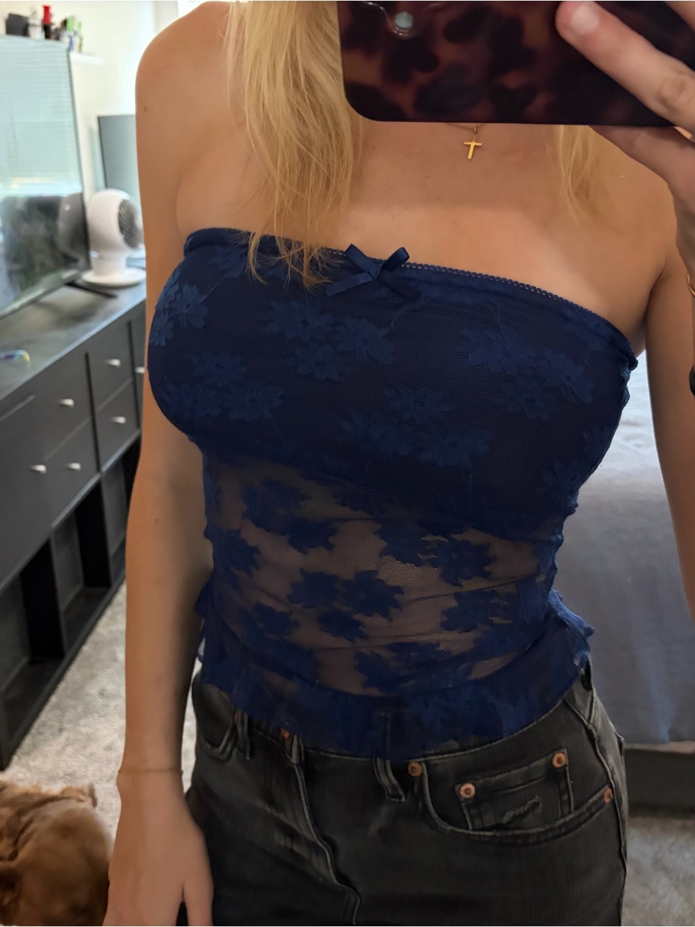 Edikted Navy Blue Strapless Lace Mesh Camisole